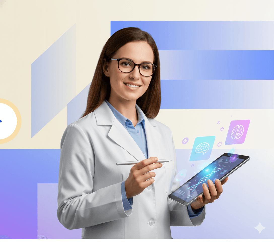 Biotech professional using AI technology in laboratory